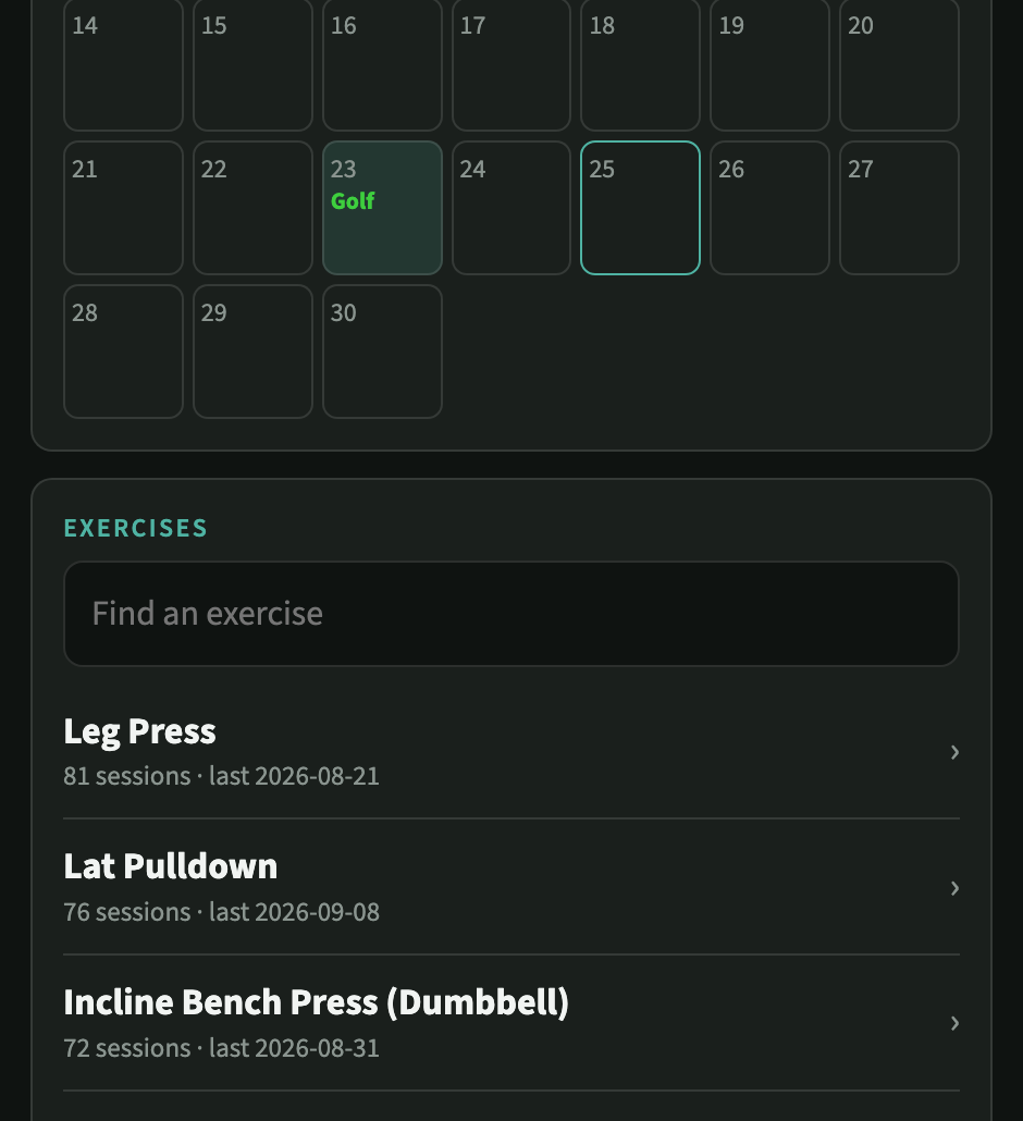 Month calendar showing workouts with set counts and an activity day
