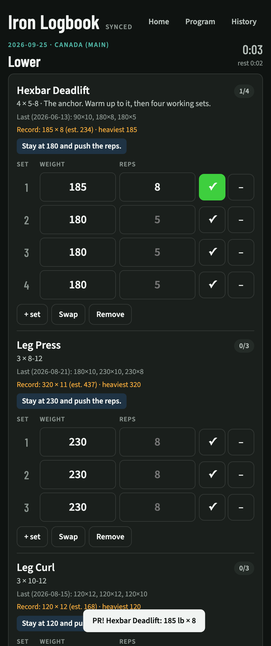 Workout screen with an exercise, last session's numbers, the current record, a suggested weight, and a PR notice after logging a set